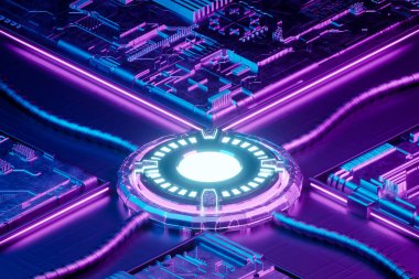 Ürün gösterimi için mavi ve mor neon ışıklı Isometric 3d boş bilim kurgu podyumu.