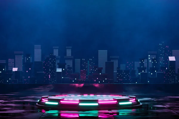 Renderowanie Neon Sci Podium Wyświetlania Produktu Nocnym Tłem Miejskim — Zdjęcie stockowe