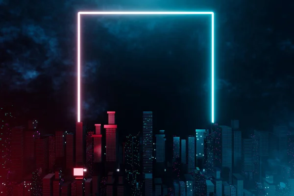 Rendering Night Cityscape Glowing Red Light Blue Neon Rectangle Frame — Stockfoto