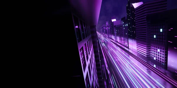 Rendering Futuristic Cyberpunk City Blue Pink Light Trail Concept Sci —  Fotos de Stock