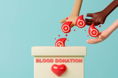 3d rendering concept blood donation illustration. People donate different blood groups to donation box.