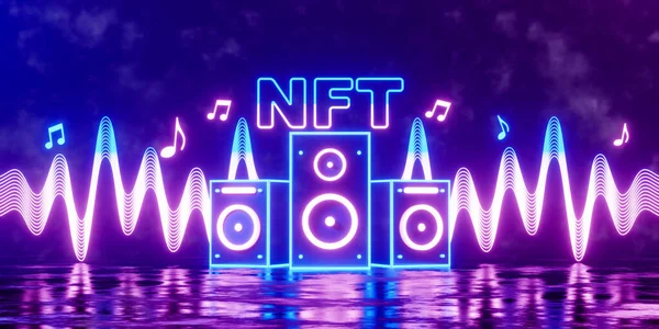 3d rendering concept NFT or non fungible token for music. Neon stereo speakers with sound wave and musical note on dark background.
