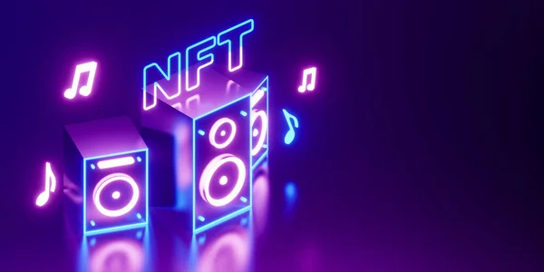 3d rendering concept NFT or non fungible token for music. Neon stereo speakers on dark background with copy space for text or message.