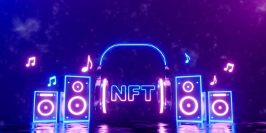 3d rendering concept NFT or non fungible token for music. Neon stereo speakers with headphone and NFT text.