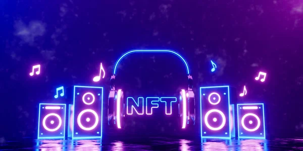 3d rendering concept NFT or non fungible token for music. Neon stereo speakers with headphone and NFT text.