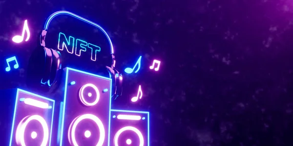 3d rendering concept NFT or non fungible token for music. Neon stereo speakers with headphone and NFT text.