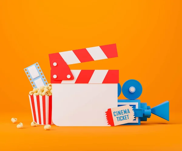 Rendering Concept Movie Entertainment Illustration Blank Clapperboard Popcorn Filmstrip Cinema — Stockfoto
