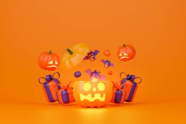 3d rendering Jack O Lantern with bat and gift boxes on orange background. Concept Halloween day illustration.