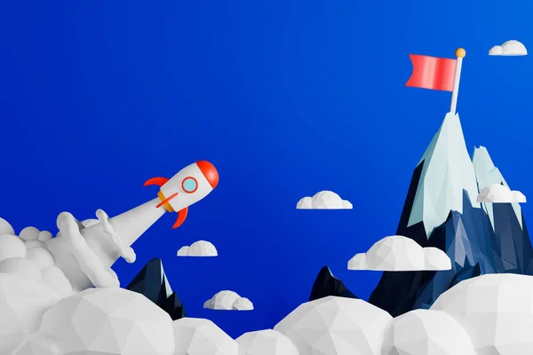3d rendering concept business or life goal illustration. Rocket flying to red flag at top of mountain.
