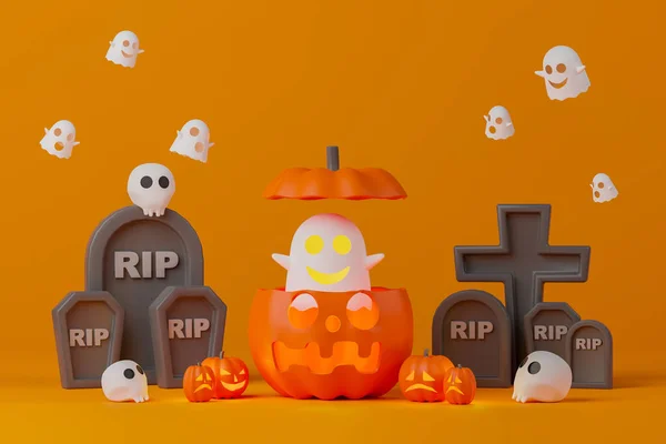 3d rendering Halloween day illustration. Ghost with Jack O Lantern head and tombstone.