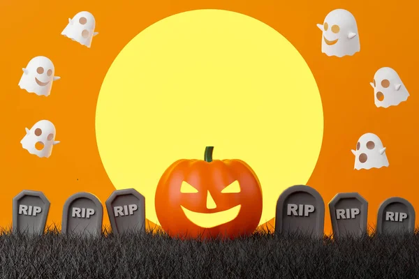 Rendering Halloween Day Scene Illustration Jack Lantern Graveyard Ghost — стокове фото