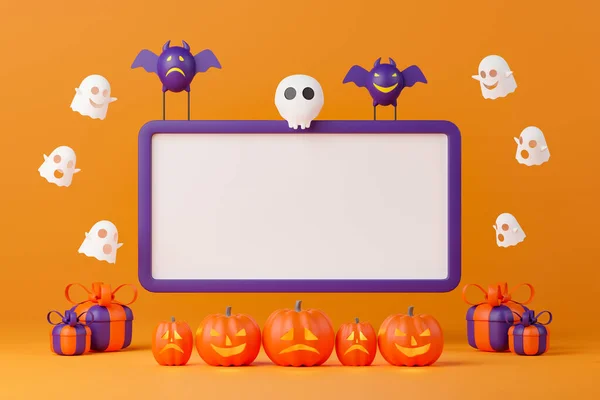 Rendering Halloween Day Empty Banner Jack Lantern Bat Ghost Skull — Stock fotografie
