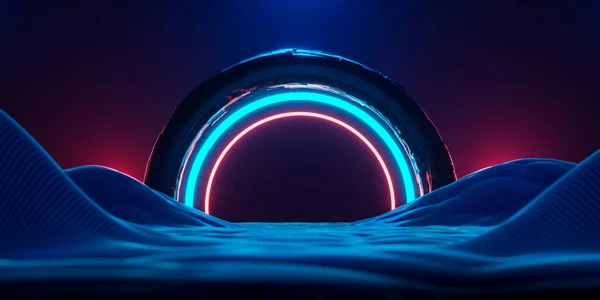 Απόδοση Αφηρημένη Τεχνολογία Φόντο Neon Wireframe Τοπίο Μεγάλη Πύλη Υψηλής — Φωτογραφία Αρχείου