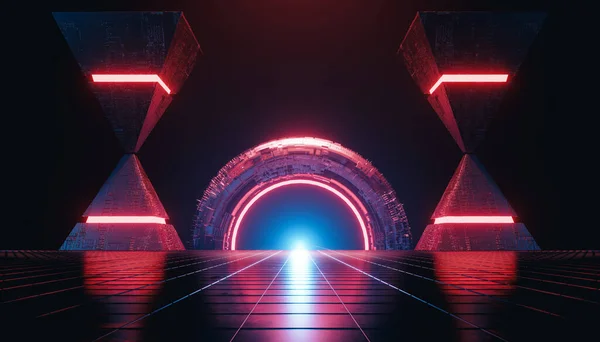 Renderizado Sci Escena Ilustración Pilar Metal Con Puerta Circular Horizonte —  Fotos de Stock