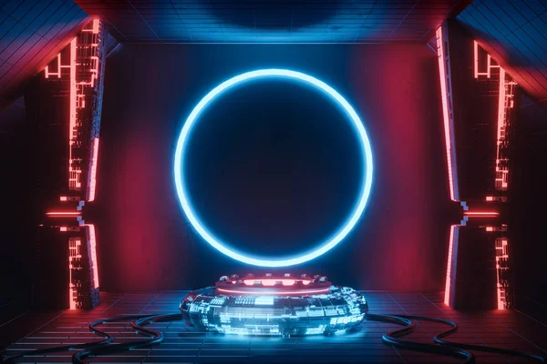 3d rendering sci fi empty podium with red and blue neon light for product display.