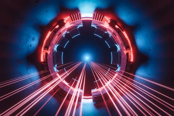 3Dレンダリング抽象的なSfとテクノロジーの背景 赤い光の道を持つ金属トンネル — ストック写真
