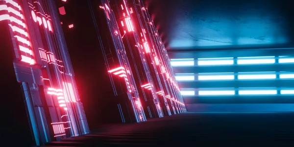 3DレンダリングSfシーンのイラスト 柱と赤い光の歩道の行とダークメタルの廊下 要旨技術の背景 — ストック写真