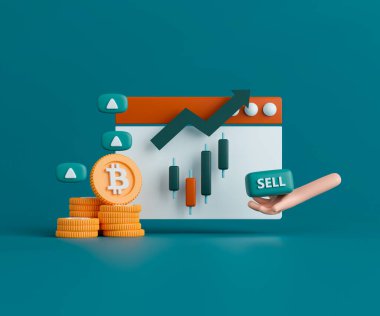 3D yorumlama konsepti kripto para çizimi. Koyu yeşil zemin üzerinde bitcoin bulunan şamdan şeması.