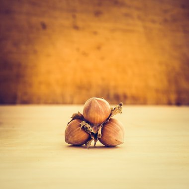Üç taze fındık fındık üzerinde ahşap artalanları izole