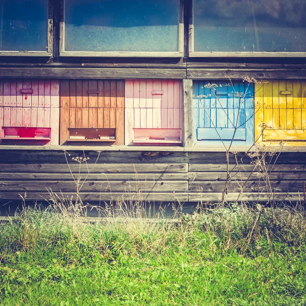 Vintage Old Wooden Bee House with Colourful Beehives
