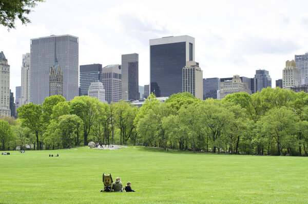 A family rests on a green glade of Central Park in New York city.