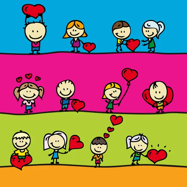Conjunto de fronteiras com doodle crianças felizes com amor corações dos namorados — Vetor de Stock