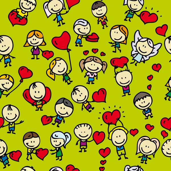 Doodle modello di sfondo senza soluzione di continuità di bambinicon cuori d'amore giorno di San Valentino — Vettoriale Stock