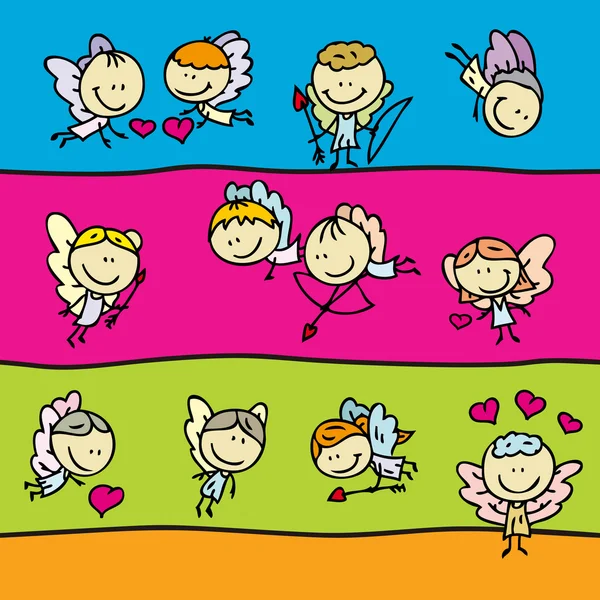 Zestaw granic z doodle szczęśliwy amur aniołów z hearts-valentine miłości — Wektor stockowy