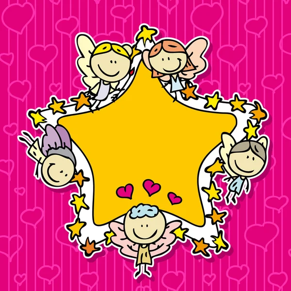 Χαριτωμένο πλαίσιο κάρτα doodle με χαρούμενους αγγέλους amur με αγάπη Valentine καρδιές — Διανυσματικό Αρχείο