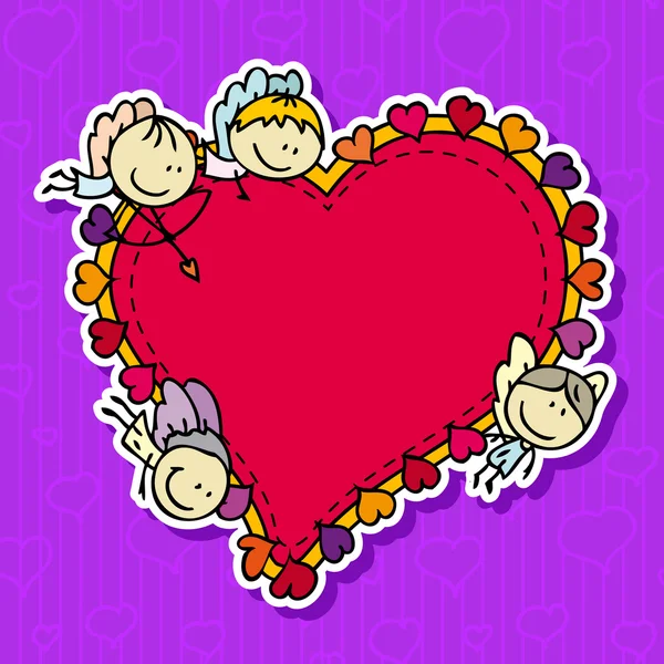 Carino doodle telaio carta con angeli amur felice con amore cuori di San Valentino — Vettoriale Stock