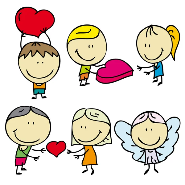Conjunto de doodle niños felices con el amor corazones de San Valentín — Vector de stock