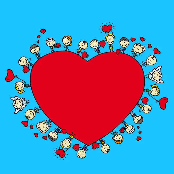 Alla hjärtans-kort ram bakgrunden glad doodle barn med love hjärtan — Stock vektor