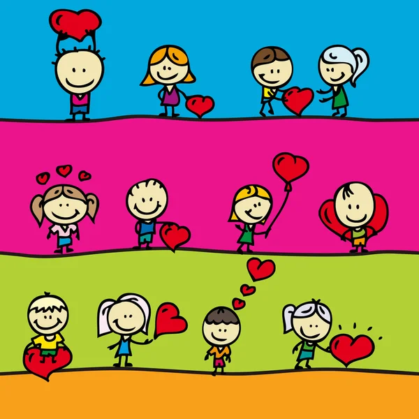 Set of borders with doodle happy children with love valentine hearts — Stock Vector