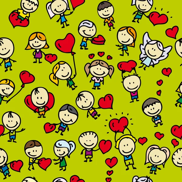 Doodle seamless background pattern of childrenwith hearts of love valentine day — Stock Vector