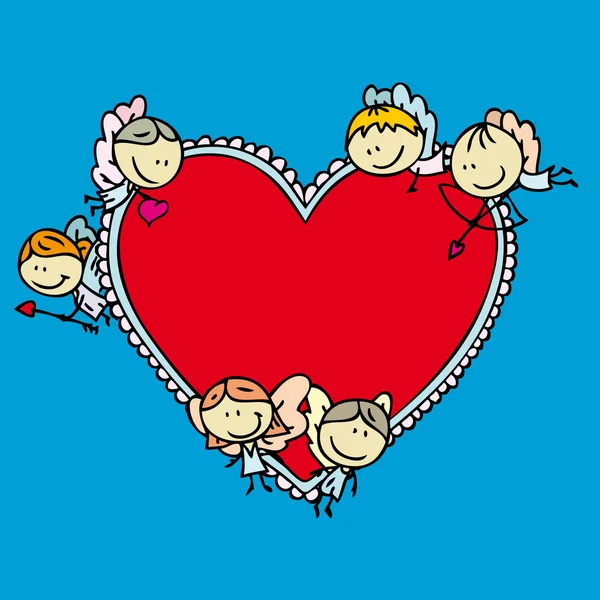 Söt doodle kort ram med glada amur änglar med kärlek Alla hjärtans dag — Stock vektor