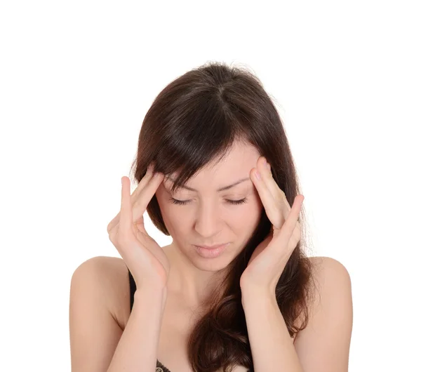 頭痛 - 若い女性の痛みで頭を保持している白い ba に分離 — ストック写真
