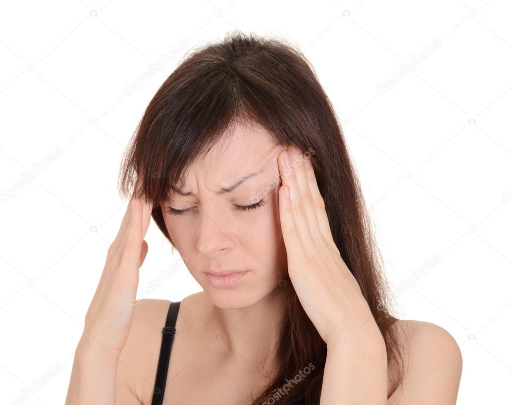 Headache - Young woman holding head in pain isolated on white ba