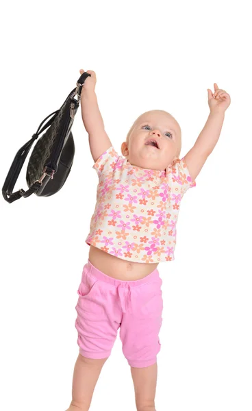 Bebê com um saco no fundo branco — Fotografia de Stock