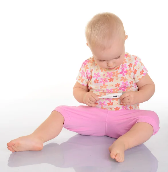 Słodkie dziecko z termometrem na białym tle — Zdjęcie stockowe