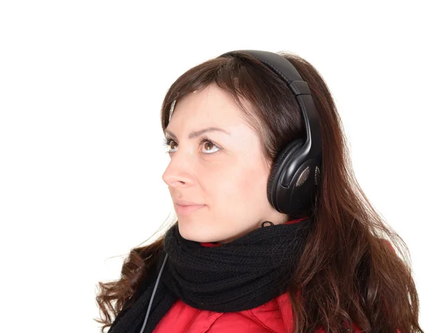 Hermosa mujer joven con auriculares aislados en el fondo blanco —  Fotos de Stock