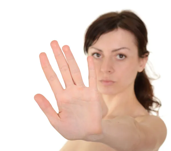 Hold on, Stop gesture showed by young woman hand isolated on whi — Stock Photo, Image