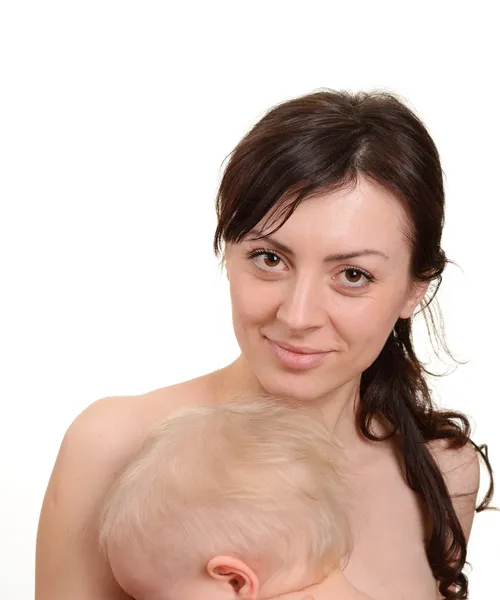 güzel anne emzirme onun bebek beyaz bac izole