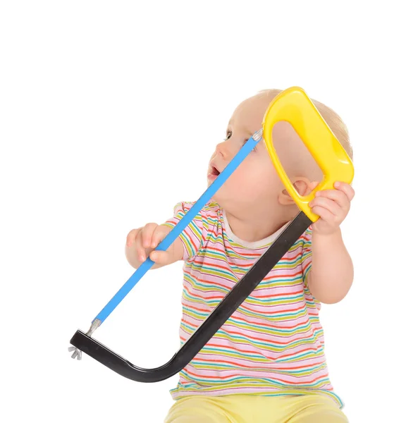 Baby with tools on white background — Stock Photo, Image