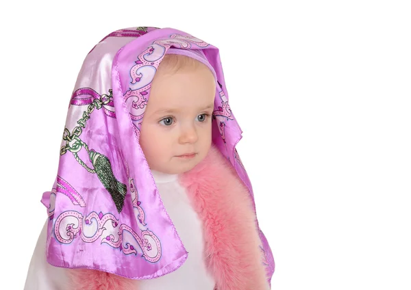 Menina brincando com kerchief no fundo branco — Fotografia de Stock