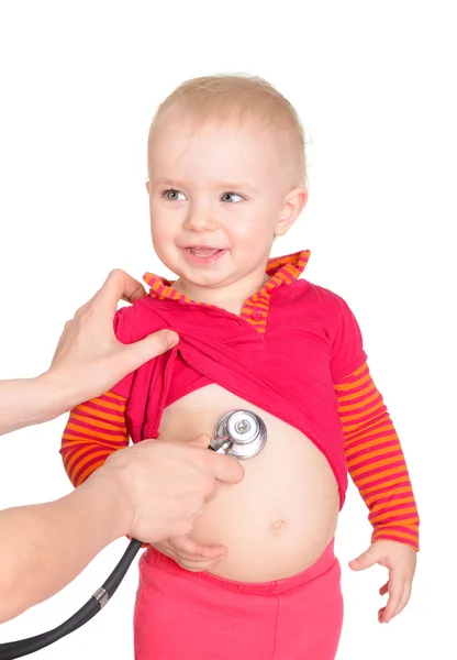 Zoete babymeisje met phonendoscope geïsoleerd op een witte pagina — Stockfoto