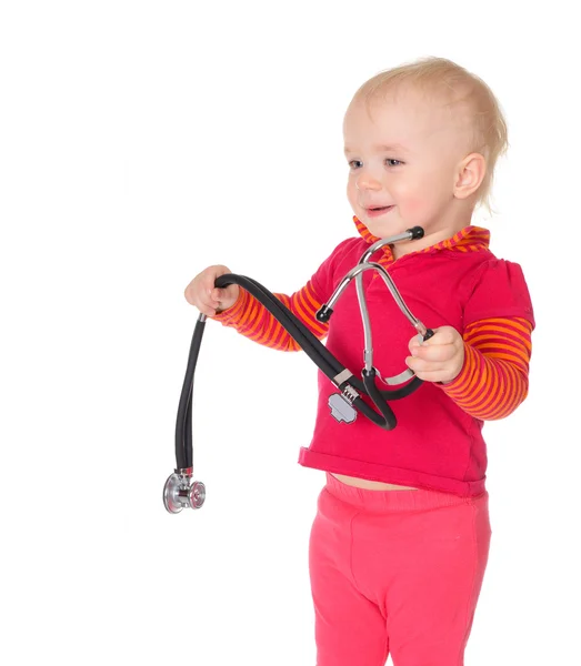 Sweet baby girl with phonendoscope isolated on a white backgroun — Stock Photo, Image