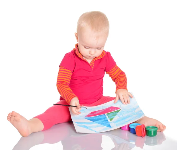 Adorable little girl painting on white background — Stock Photo, Image