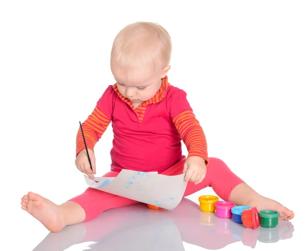 Adorable little girl painting on white background — Stock Photo, Image