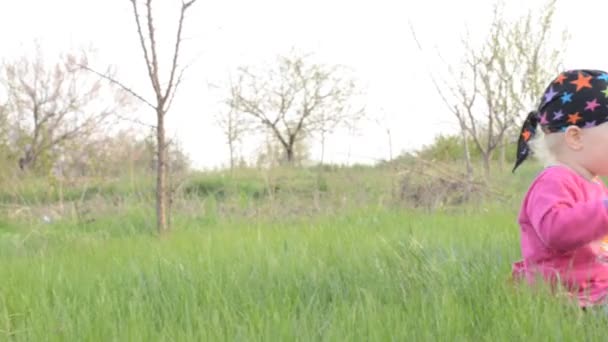 Bébé est assis sur une herbe, tir de poupée — Video