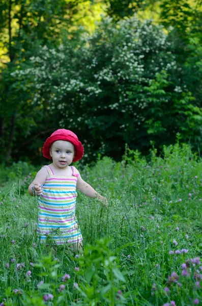 Menina bonito jogando no campo verde — Fotografia de Stock